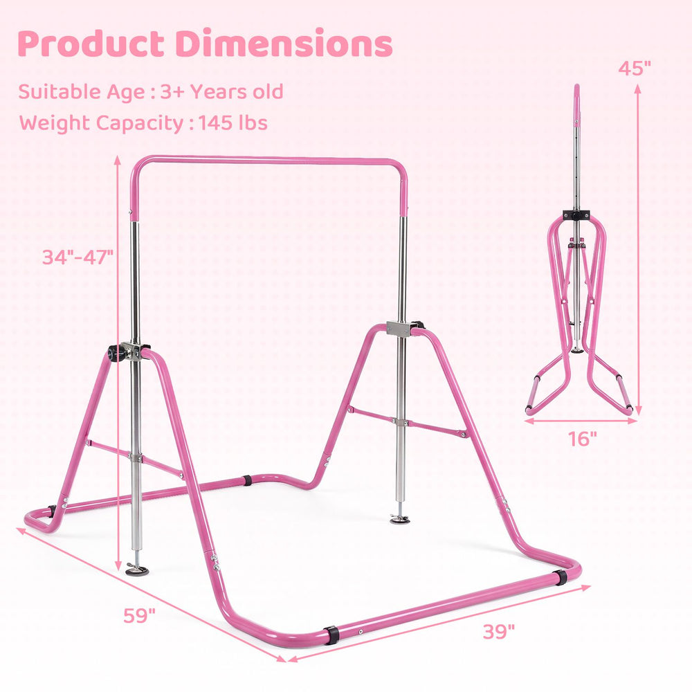 Adjustable pink kids gymnastics bar with 5 height levels, supporting up to 143 lbs for safe practice and stability.