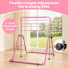 Adjustable pink kids gymnastics bar with 5 height levels, supporting up to 143 lbs for safe practice and easy storage.