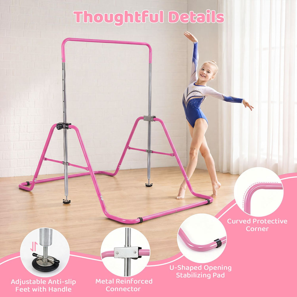 Adjustable pink kids gymnastics bar with 5 height levels, supporting up to 143 lbs for safe practice and storage.
