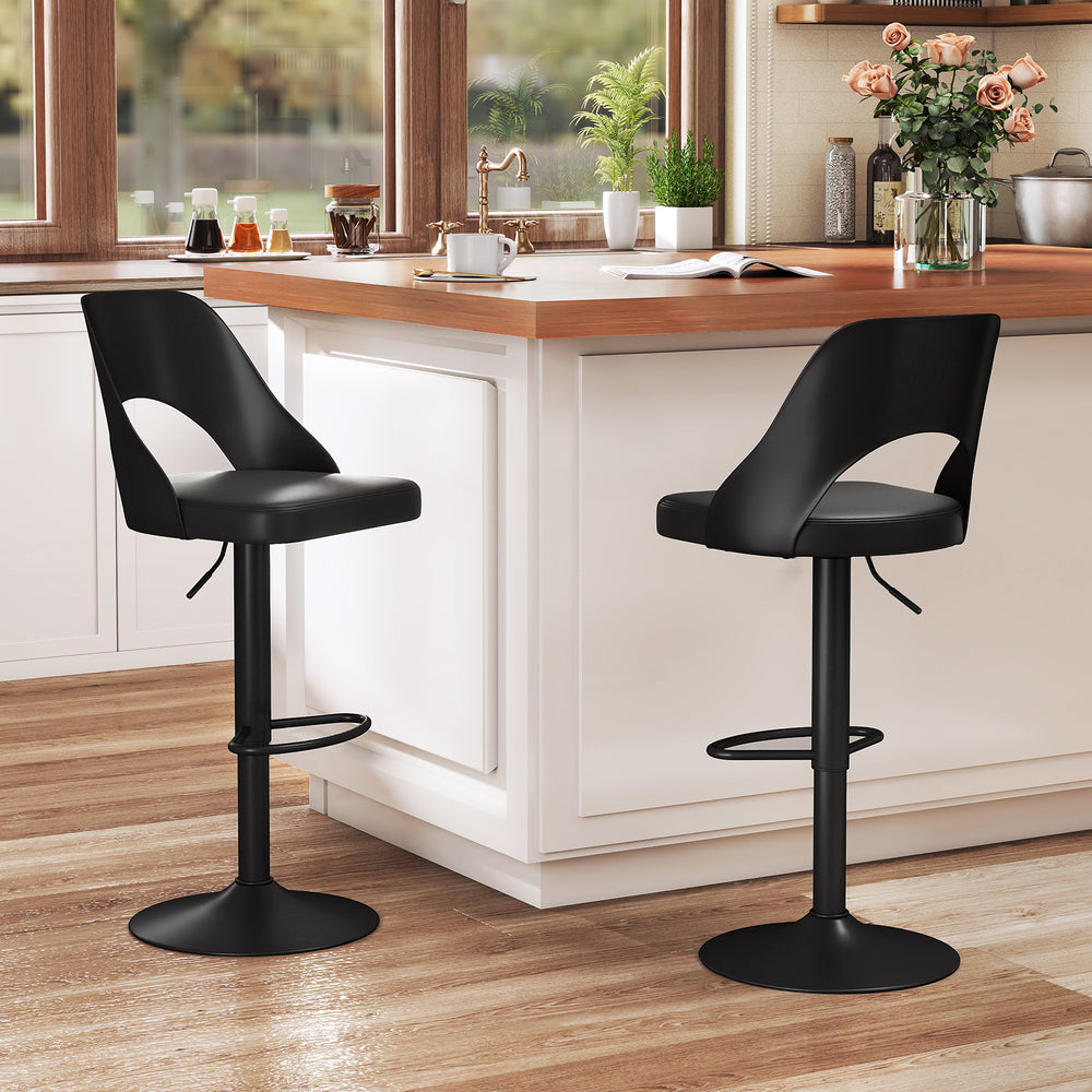Bar Stools Set of 2 with Enlarged PU Leather Seat and Footrest-Black - Gallery View 1 of 10