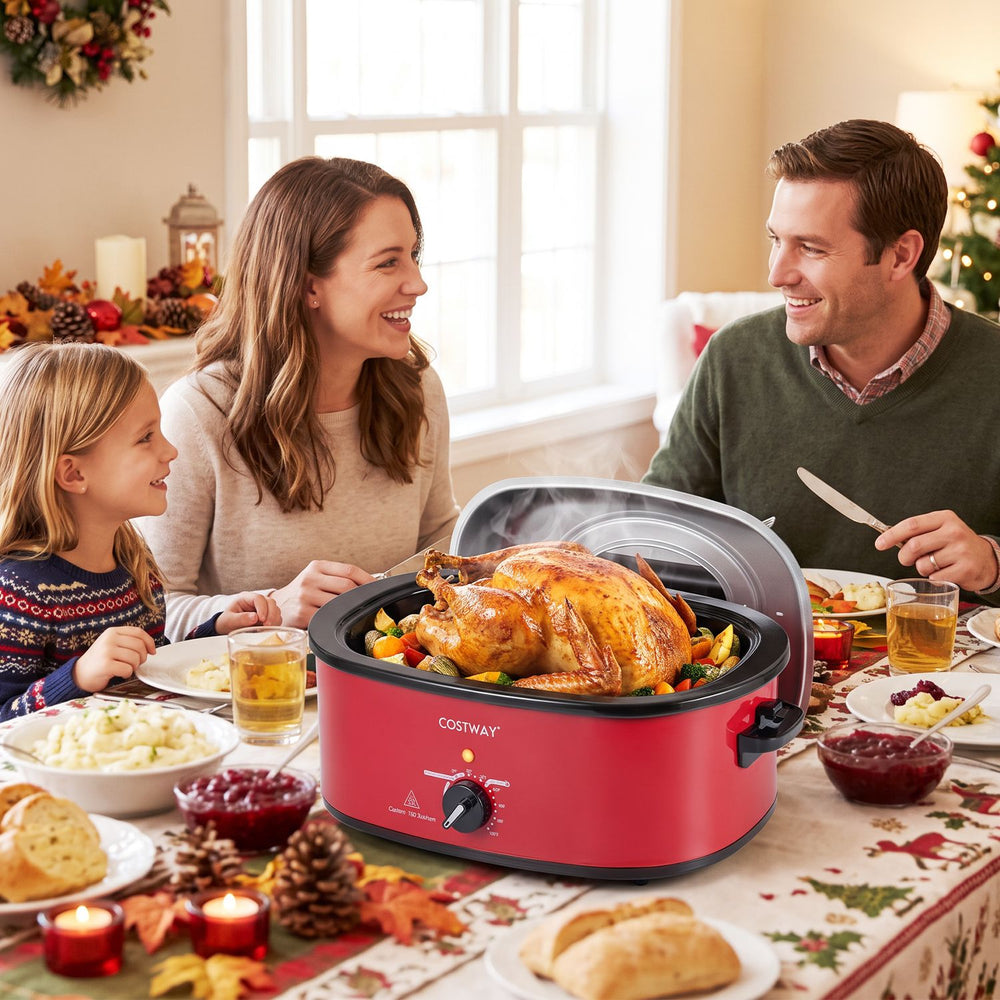Red 1450W 8 QT electric roaster with self-basting lid, perfect for cooking a whole turkey for family gatherings.