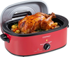 Red 1450W electric roaster with self-basting lid, holds up to 13.2 lbs turkey, perfect for family gatherings and parties.