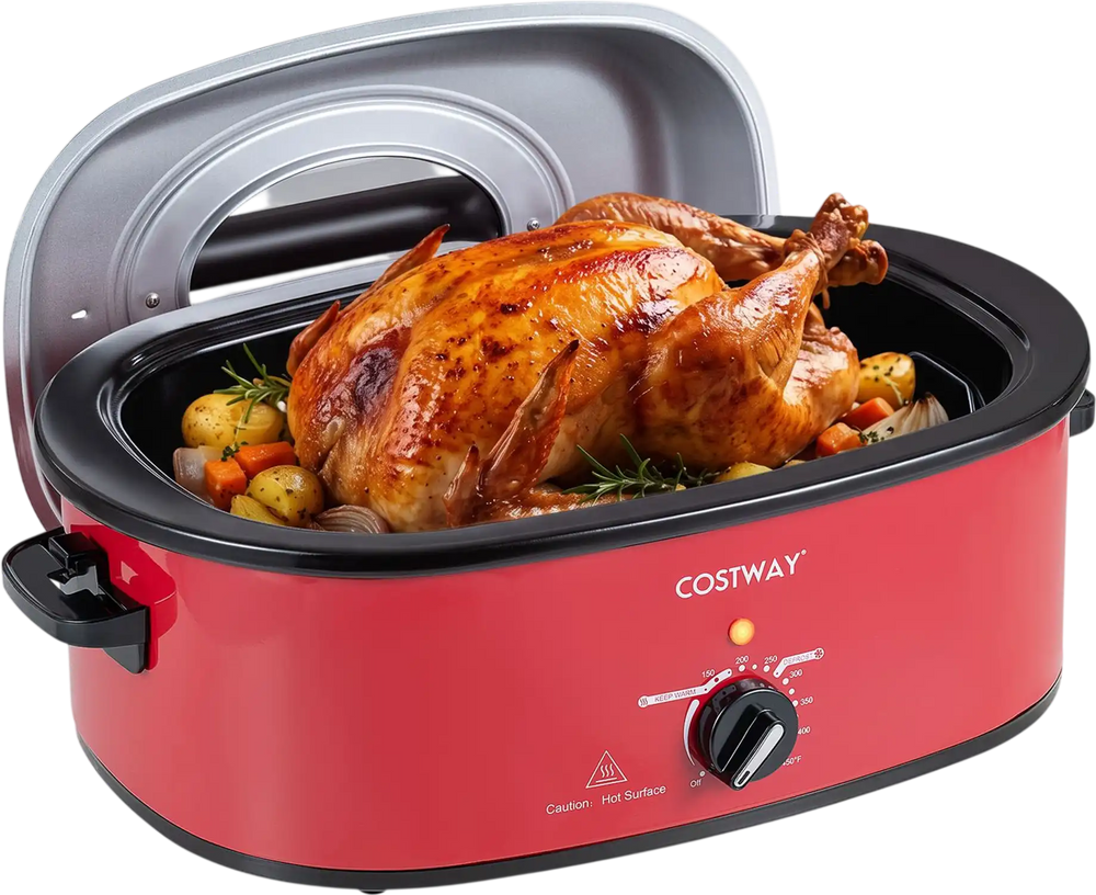 Red 1450W electric roaster with self-basting lid, holds up to 13.2 lbs turkey, perfect for family gatherings and parties.