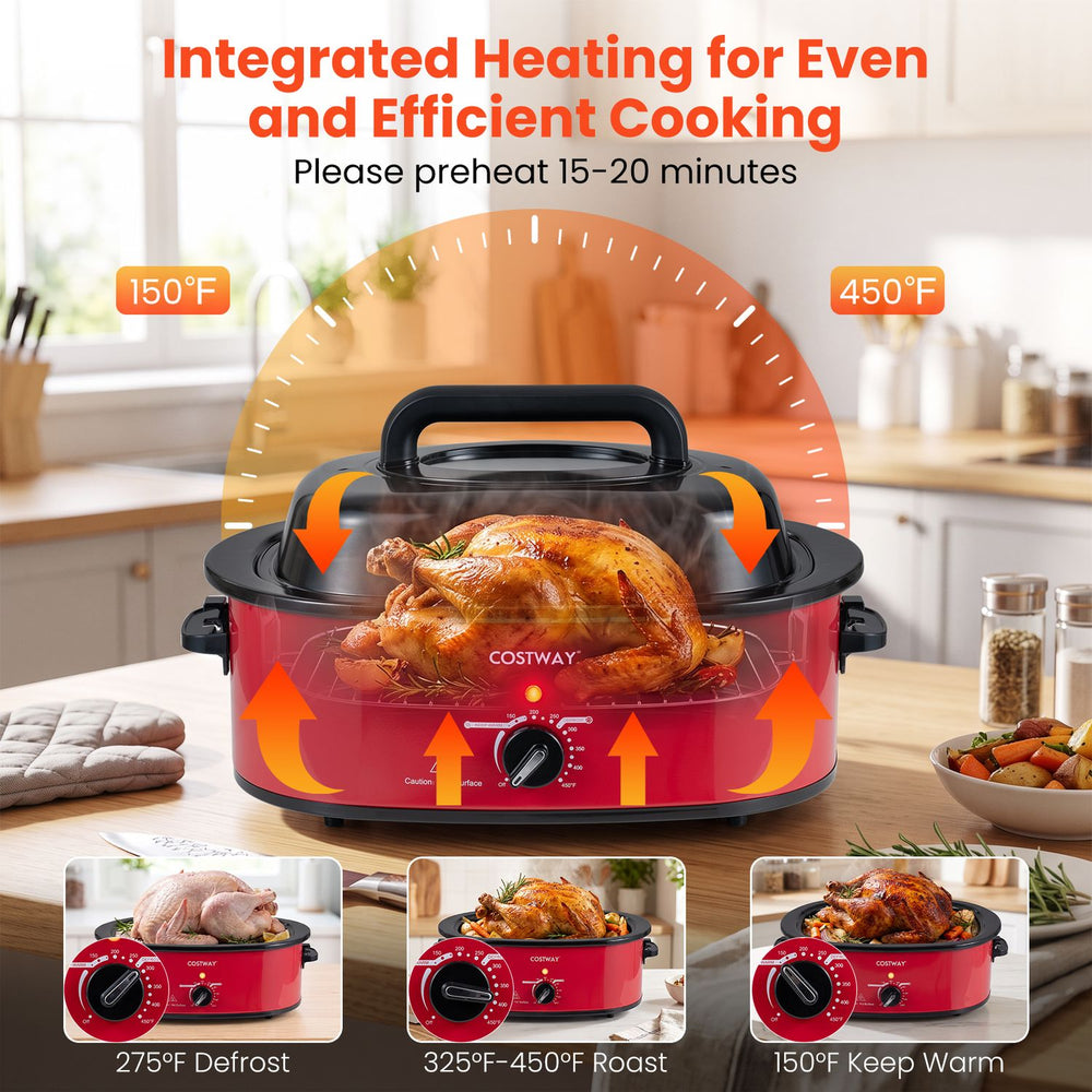 Red 1450W 8 QT electric roaster with self-basting lid, ideal for cooking up to 13.2 lbs turkey for family gatherings.