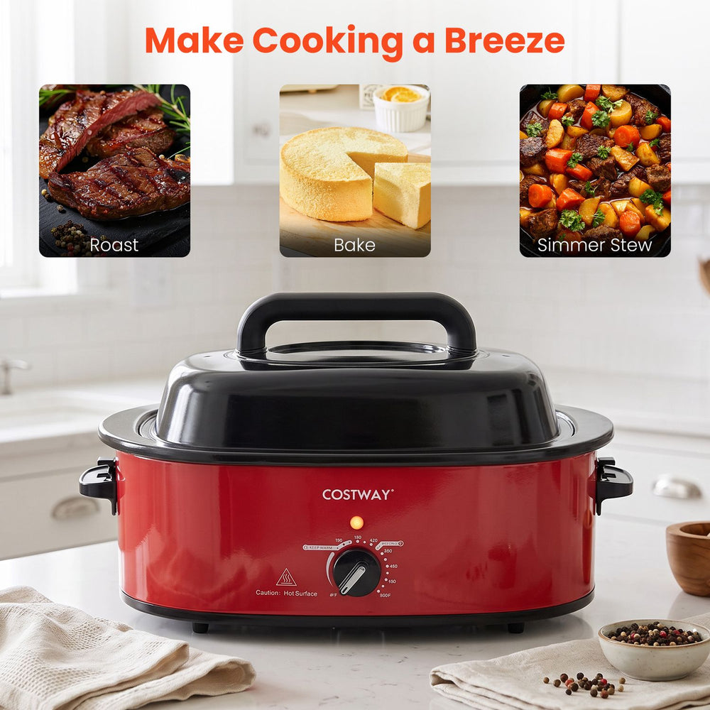 Red 1450W 8 QT electric roaster with self-basting lid, perfect for roasting turkey, baking, and simmering stews.