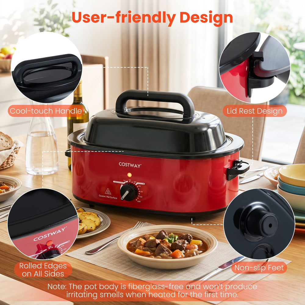 Red 8 QT electric roaster with self-basting lid, non-slip feet, and cool-touch handle for versatile cooking.
