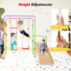 Multicolor metal indoor jungle gym with adjustable swing and gym rings, perfect for kids over 3 to enhance motor skills.