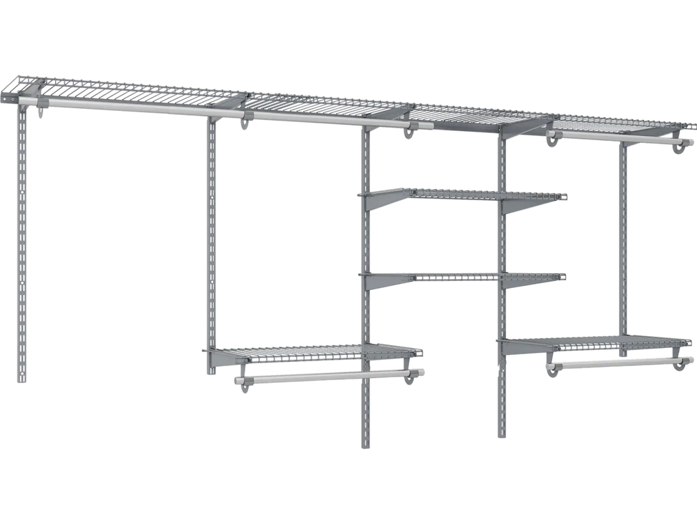 Wall-mounted grey closet organizer system with 7 shelves and 5 hanging rods for customizable storage solutions.