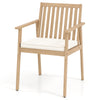 Acacia wood patio dining chair with removable padded cushion, featuring streamlined armrests for comfort and stability.