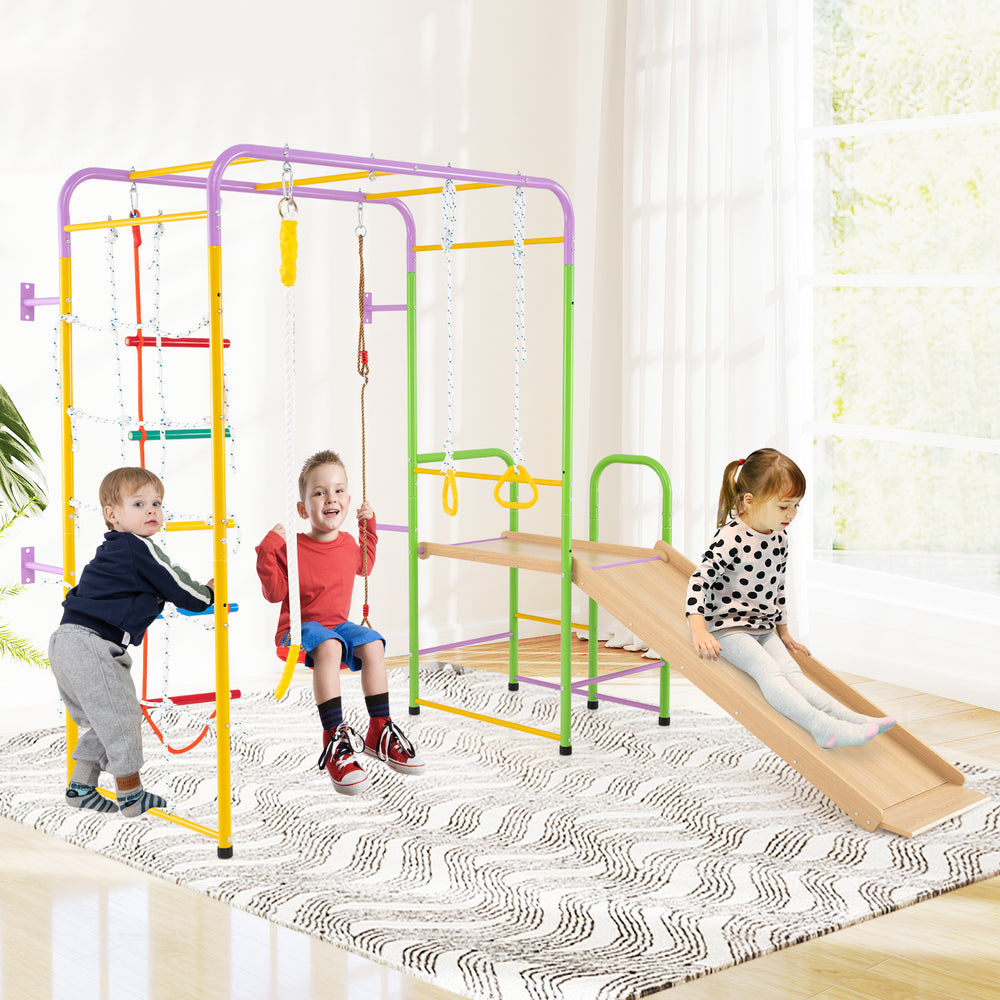 Multicolor 8-in-1 indoor jungle gym with slide, swings, and monkey bars for kids over 3, enhancing motor skills.