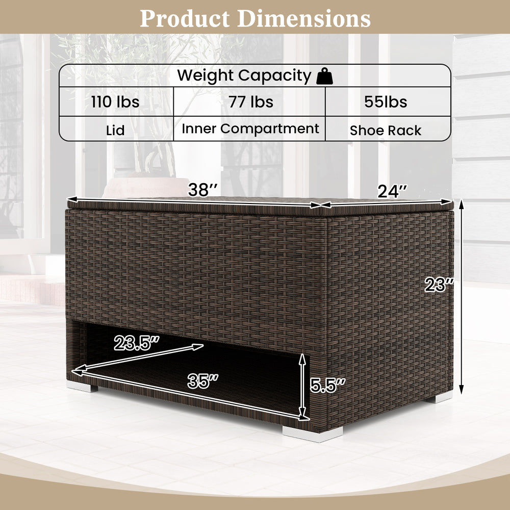 PE rattan storage bin with waterproof liner, featuring a shoe rack and dimensions for patio cushion storage.