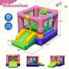 Bouncy castle dimensions showing a colorful inflatable structure with slide and mesh walls for secure play.