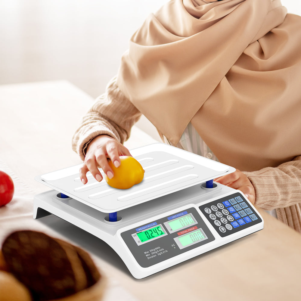 Commercial food scale with dual LCD displays, 66 lb capacity, stainless steel platform, ideal for farmers markets and.