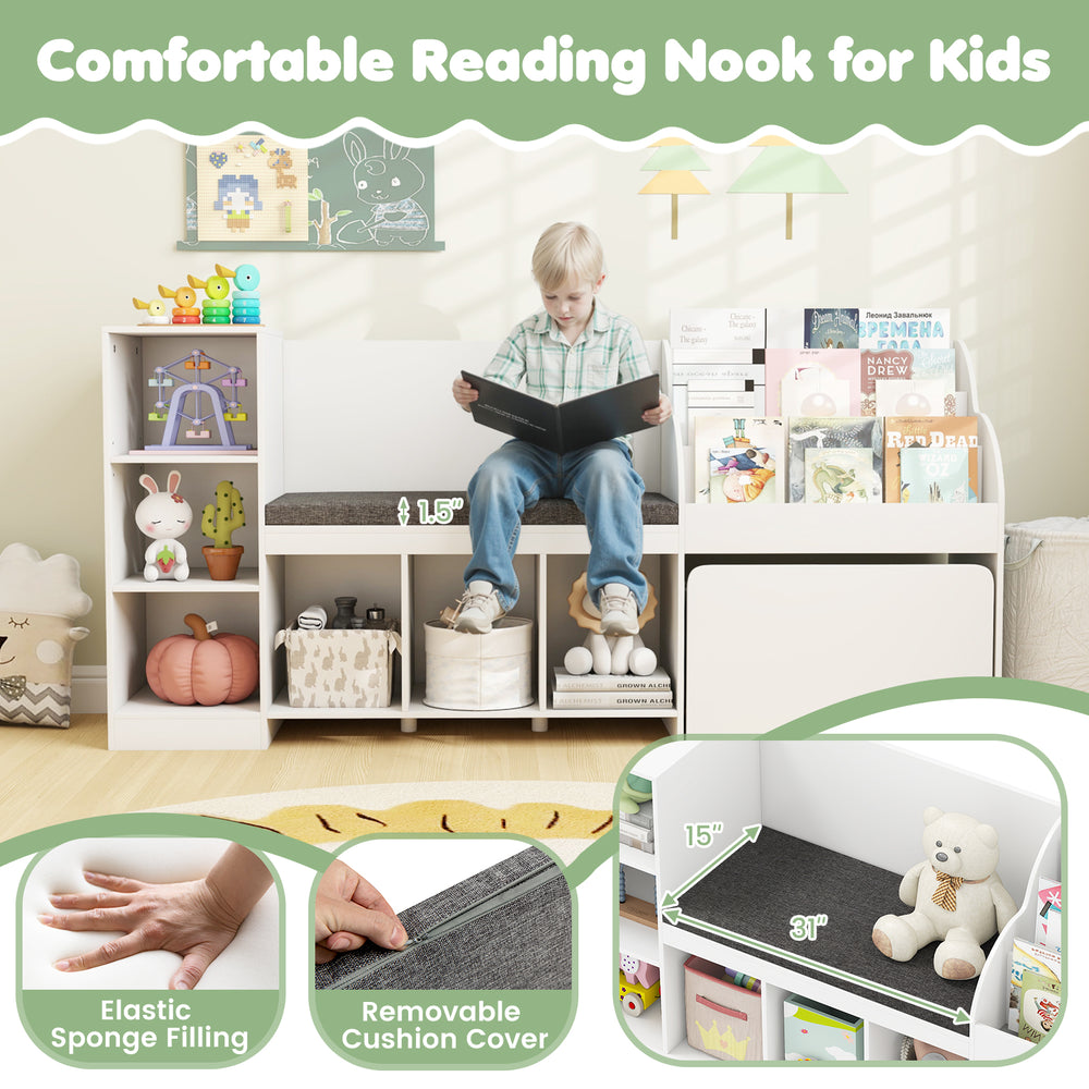 Kids bookcase with reading nook featuring elastic sponge cushion, 6 storage cubbies, and adjustable shelves for.