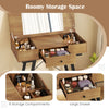 Vanity desk with flip top mirror showing large drawer and 6 compartments for organized makeup storage in rustic brown.