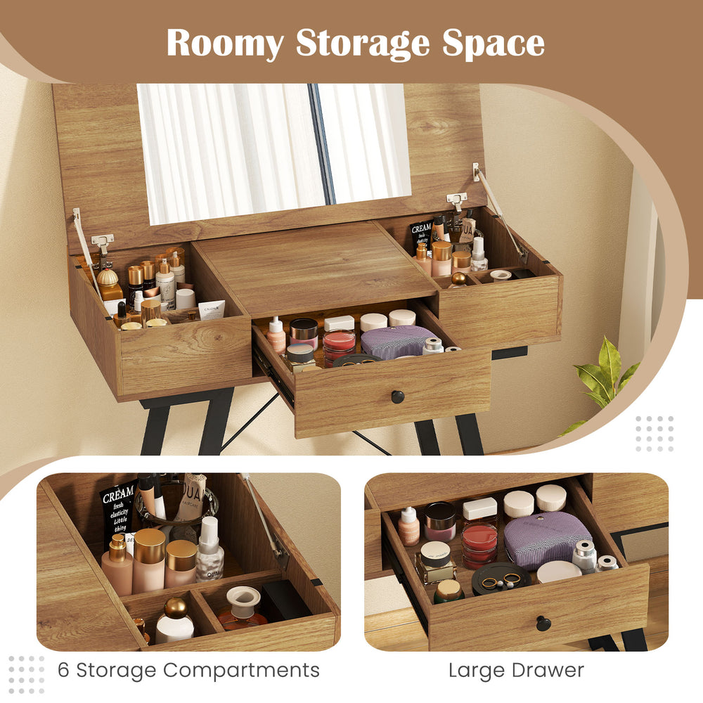 Vanity desk with flip top mirror showing large drawer and 6 compartments for organized makeup storage in rustic brown.