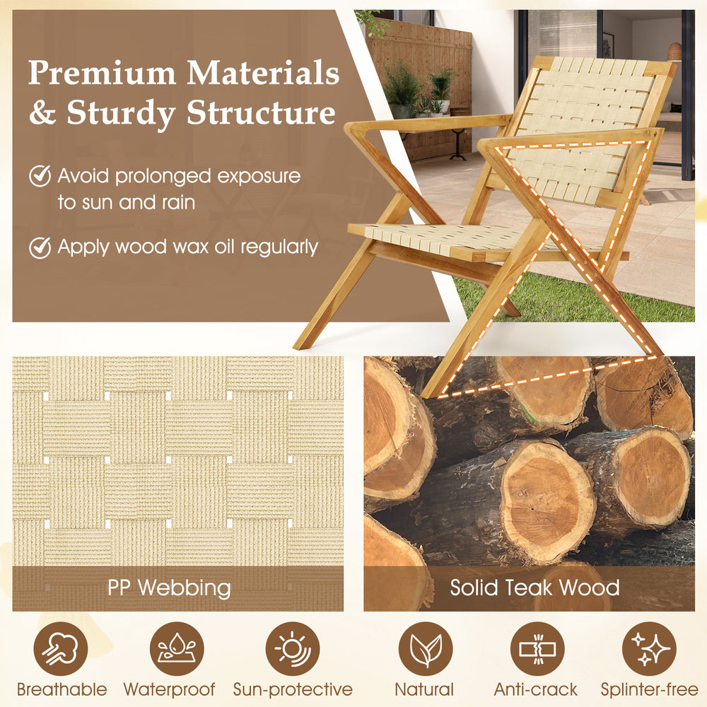Teak wood patio chair with webbing seat, slanted backrest, and wide armrests for comfort in indoor or outdoor spaces.