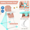 Compact pink highchair with removable tray, safety harness, and sturdy metal legs for secure feeding.
