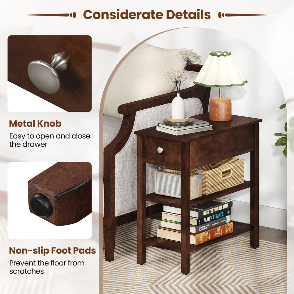 Narrow walnut end table with a drawer and storage shelves, featuring a metal knob and non-slip foot pads for stability.