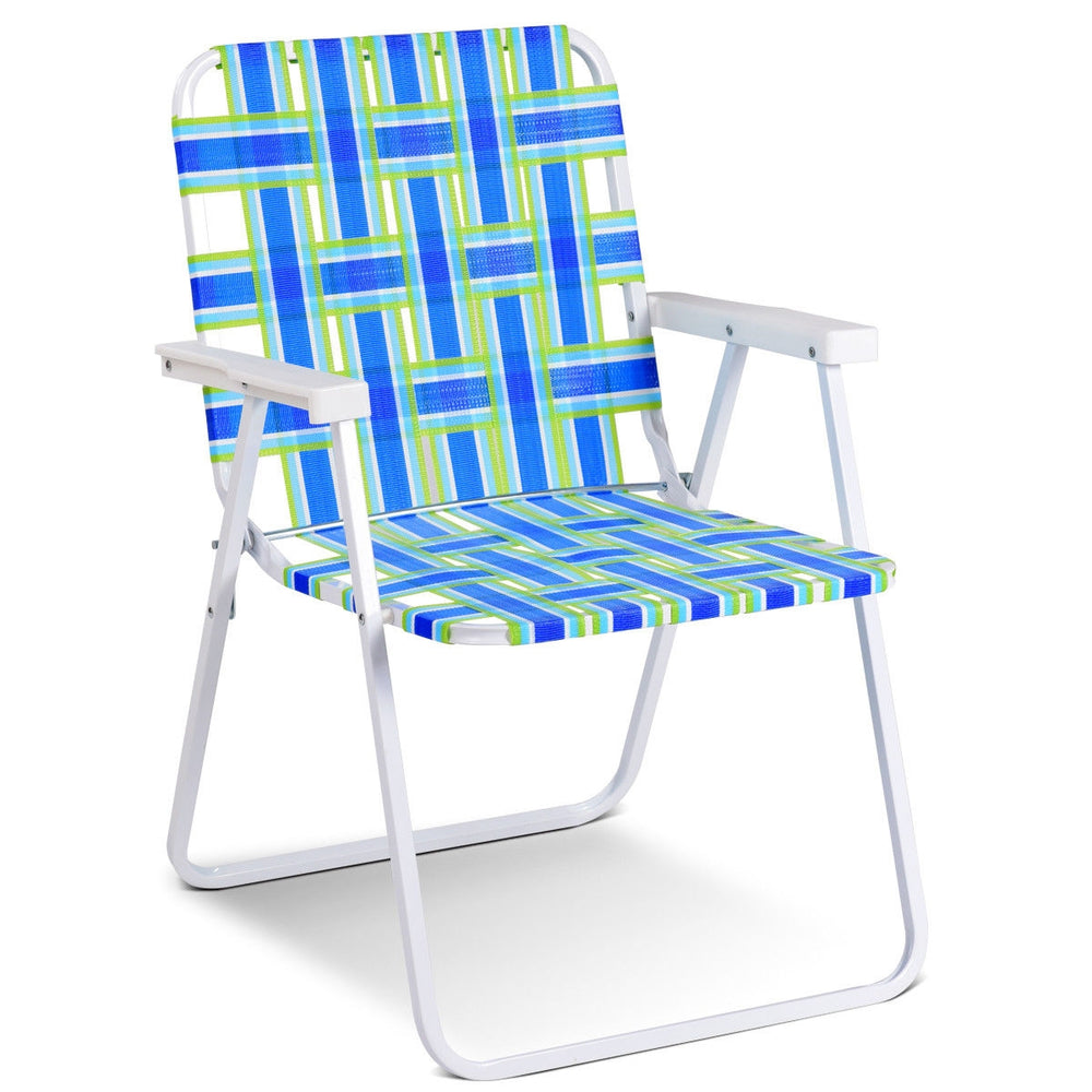 Folding beach chair with blue webbing, reinforced steel frame, portable design, perfect for camping and outdoor.