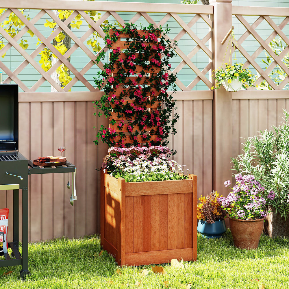 Outdoor wooden raised garden bed with trellis, featuring smooth wood, waterproof finish, and vibrant climbing plants.