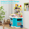 Kids kitchen playset in blue with realistic sounds, lights, and unique corner design for imaginative play and.