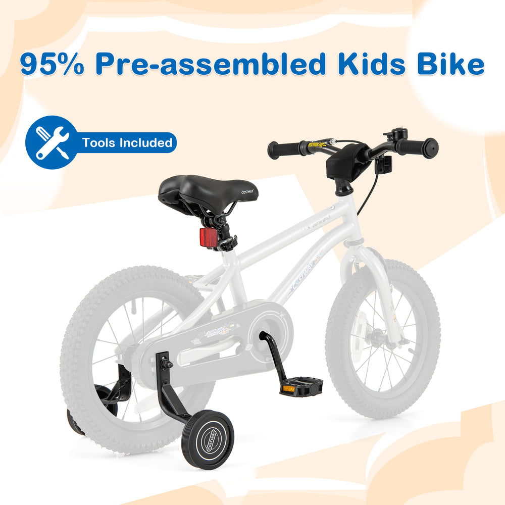 14-inch kids bike with high carbon steel frame, dual brake system, and removable training wheels for ages 3-5.