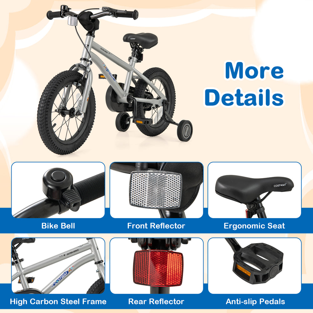 14-inch kids bike with high carbon steel frame, ergonomic seat, training wheels, and safety reflectors for ages 3-5.