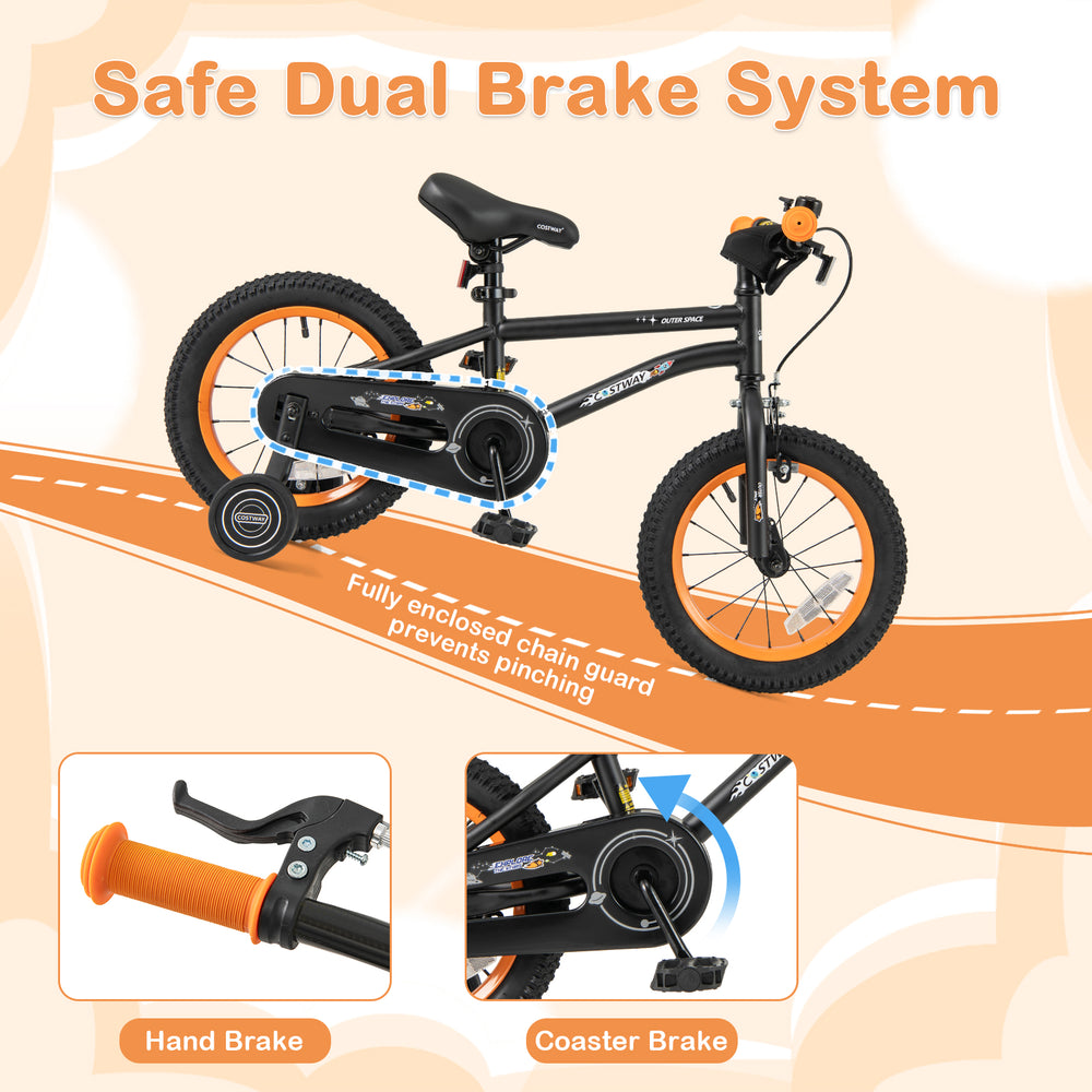 14-inch kids bike with adjustable seat, safe dual brake system, and removable training wheels for ages 3-5.