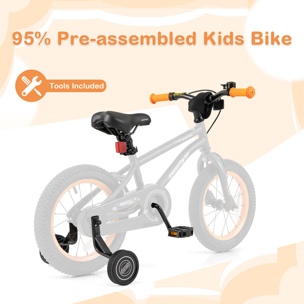 14-inch kids bike with adjustable seat, dual brake system, and removable training wheels for ages 3-5, tools included.