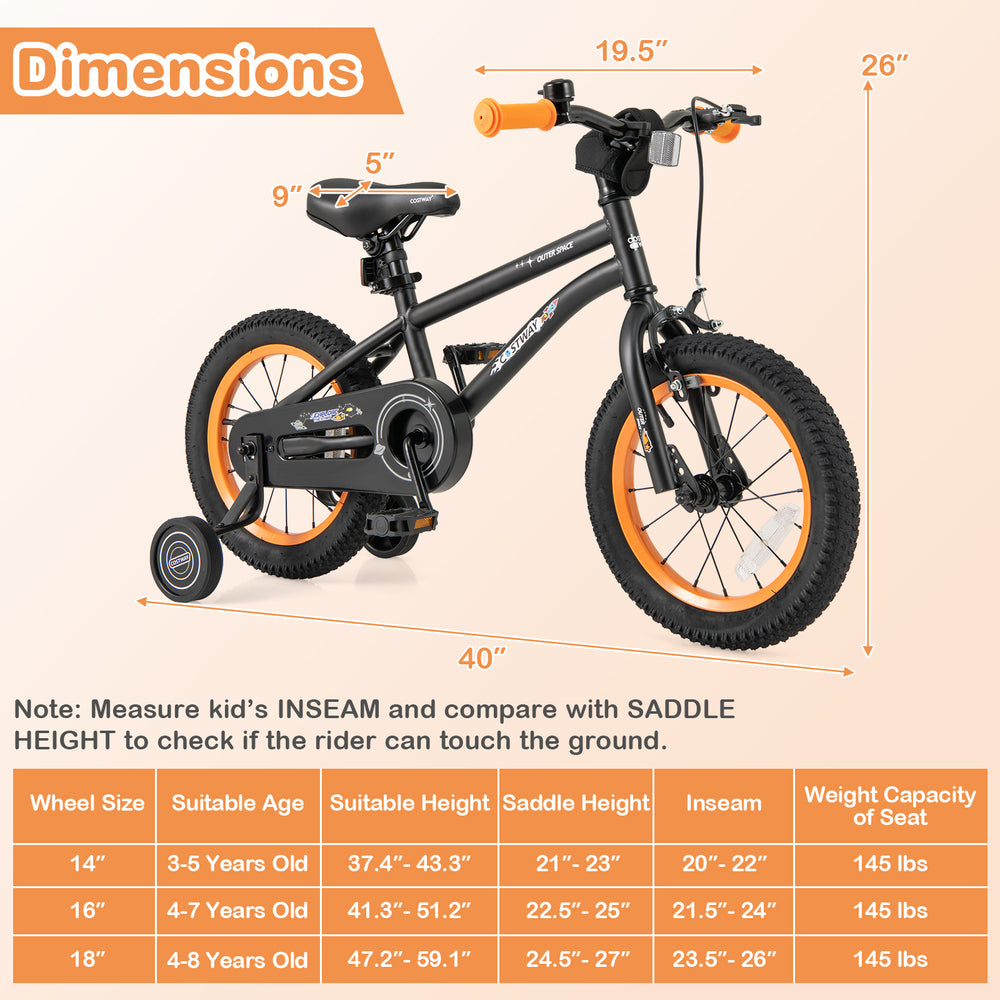 Dimension chart for 14-inch kids bike showing adjustable seat heights and suitable ages for safe riding.