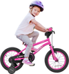 14-inch pink kids bike with a child riding, featuring adjustable seat height and dual brake system for ages 3-5.