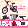 14-inch pink kids bike with removable training wheels, ergonomic seat, and dual brake system for ages 3-5.