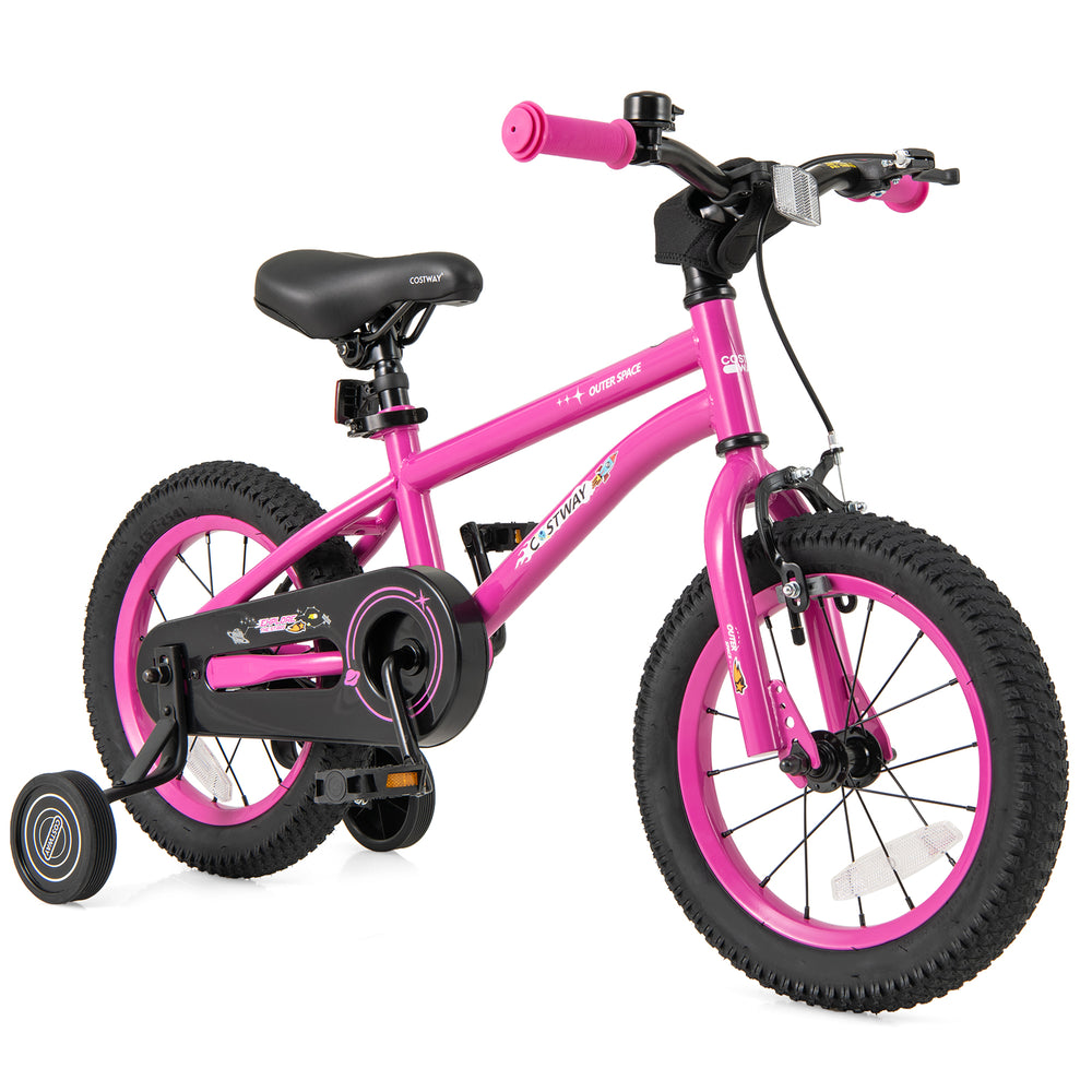 14-inch pink kids bike with adjustable seat, removable training wheels, and dual brake system for ages 3-5.