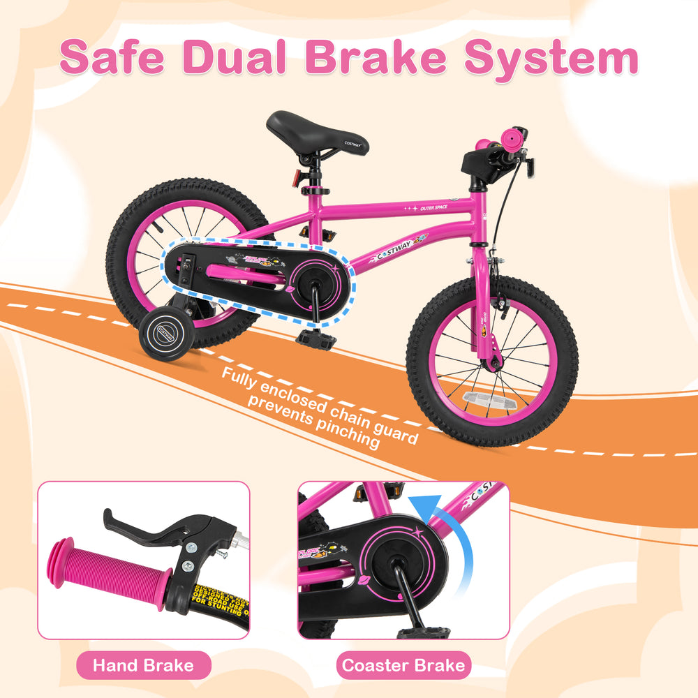 14-inch pink kids bike with adjustable seat, removable training wheels, and safe dual brake system for ages 3-5.