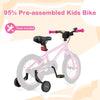 14-inch kids bike in pink with adjustable seat, removable training wheels, and dual brake system for ages 3-5.