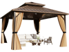 Hardtop gazebo with waterproof curtains and double roof design, perfect for outdoor patio gatherings and protection.