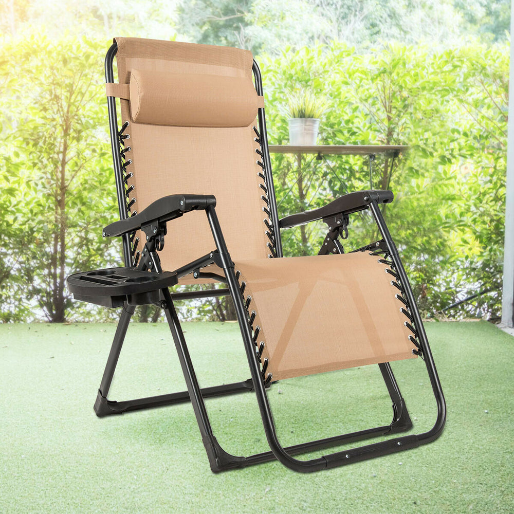 Side view of the oversize lounge chair in beige featuring a movable pillow and cup holder, ideal for outdoor comfort.