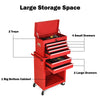 Rolling cabinet storage chest in red with multiple drawers and trays, ideal for organizing tools in the garage.