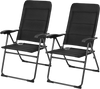 Two black outdoor folding patio chairs with adjustable backrests, made of steel and oxford fabric, perfect for bistro.