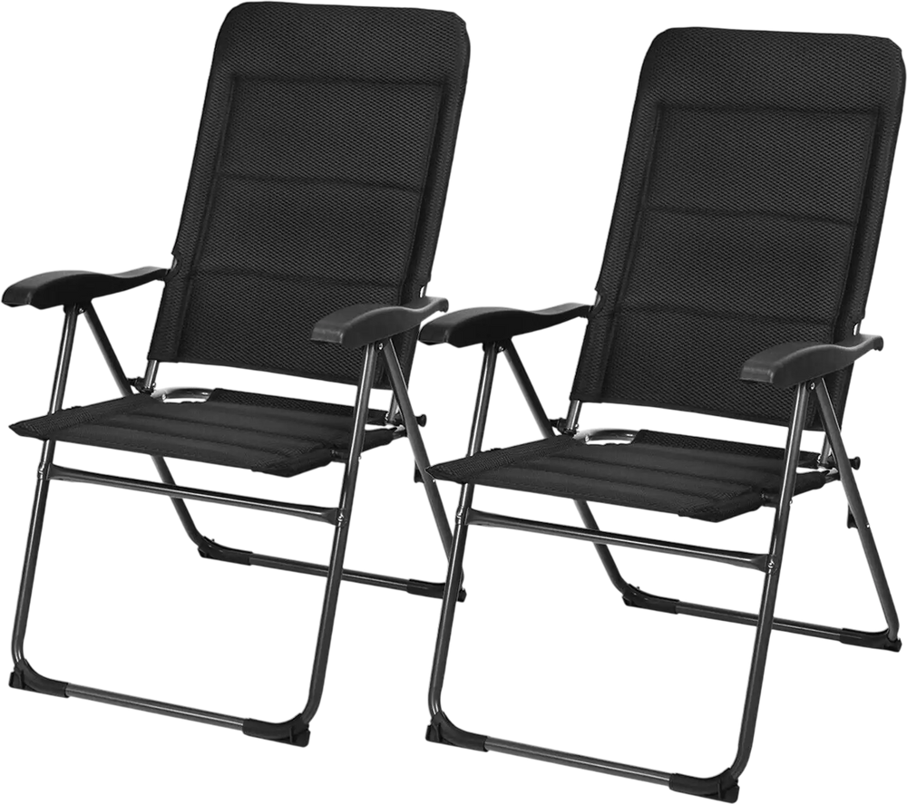 Two black outdoor folding patio chairs with adjustable backrests, made of steel and oxford fabric, perfect for bistro.
