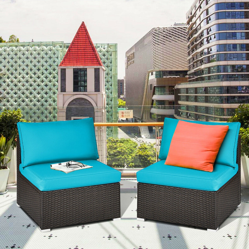 2 Pieces Patio Rattan Armless Sofa Set with 2 Cushions and 2 Pillows-Blue - Gallery View 1 of 12