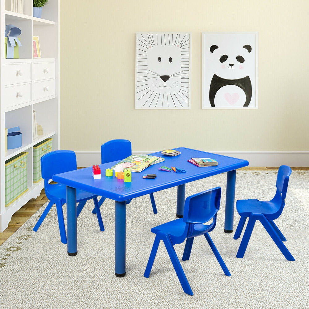 Blue kids' plastic rectangular learn and play table with four chairs, ideal for preschools and home use.