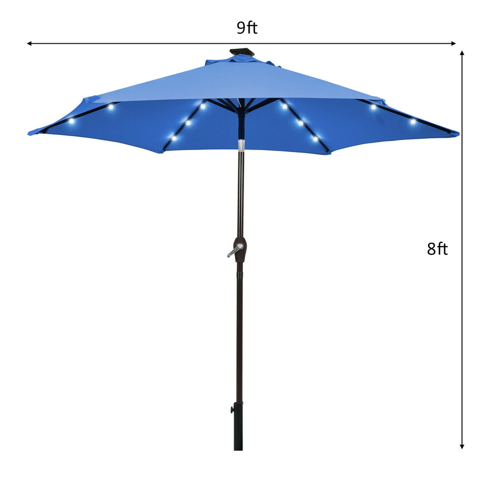 Blue 9-foot solar LED lighted patio umbrella with crank lift and tilt adjustment for versatile outdoor shade.