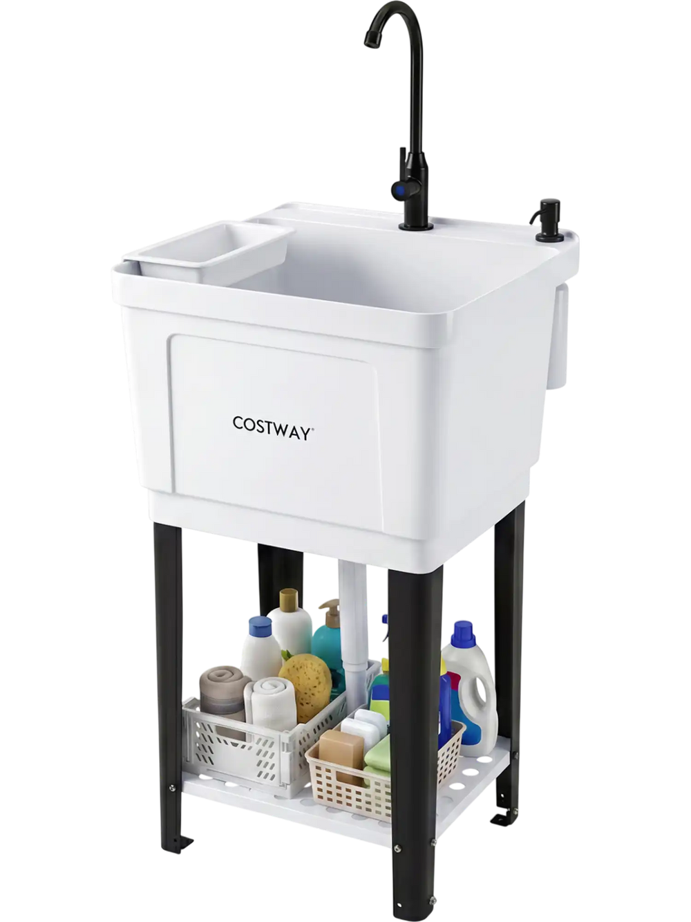 Utility sink with 14.5 Gal basin, rotating faucet, and adjustable legs for laundry and gardening, featuring bottom.