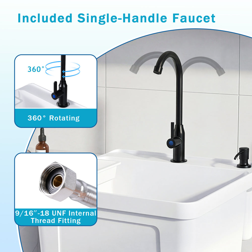 Utility sink with 14.5 Gal capacity, rotating faucet, and adjustable legs for laundry and cleanup tasks.