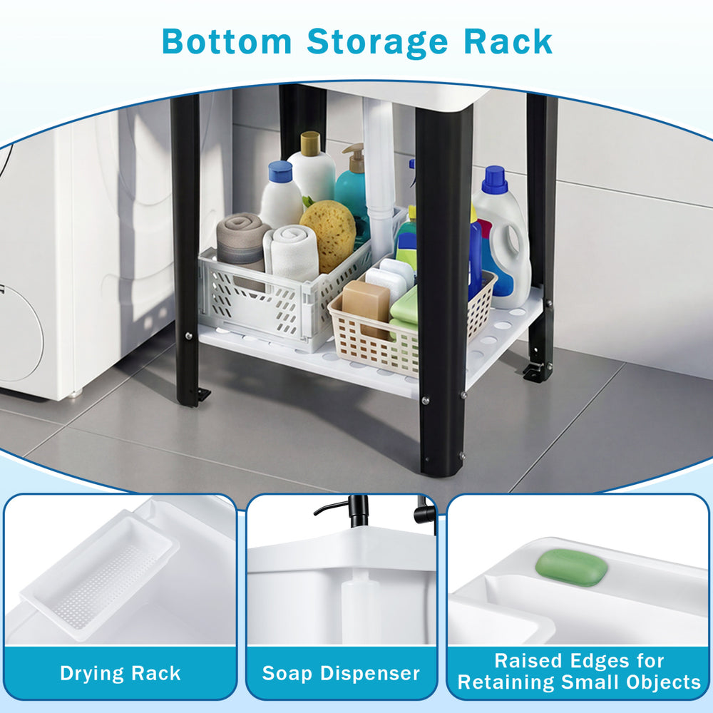Bottom storage rack of the 14.5 Gal utility sink, featuring a drying rack, soap dispenser, and raised edges for.