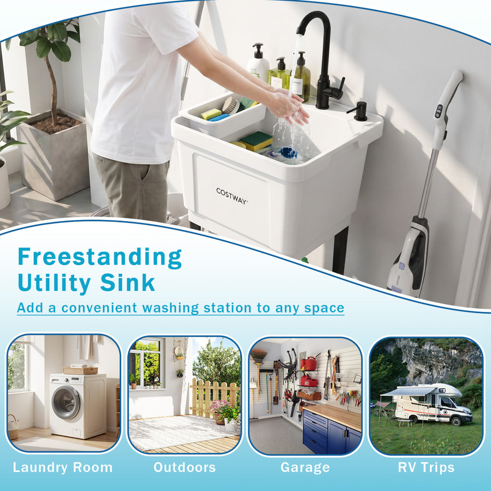 Freestanding utility sink with 14.5 Gal basin, rotating faucet, and adjustable legs for laundry and gardening tasks.