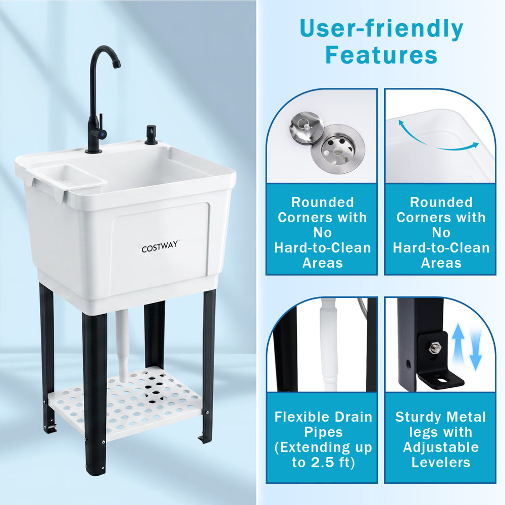 Utility sink with 14.5 Gal basin, rotating faucet, and adjustable legs for laundry and gardening tasks.