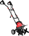 14-inch corded electric tiller with a 10-amp motor, designed for small gardens, featuring ergonomic handles and wheels.
